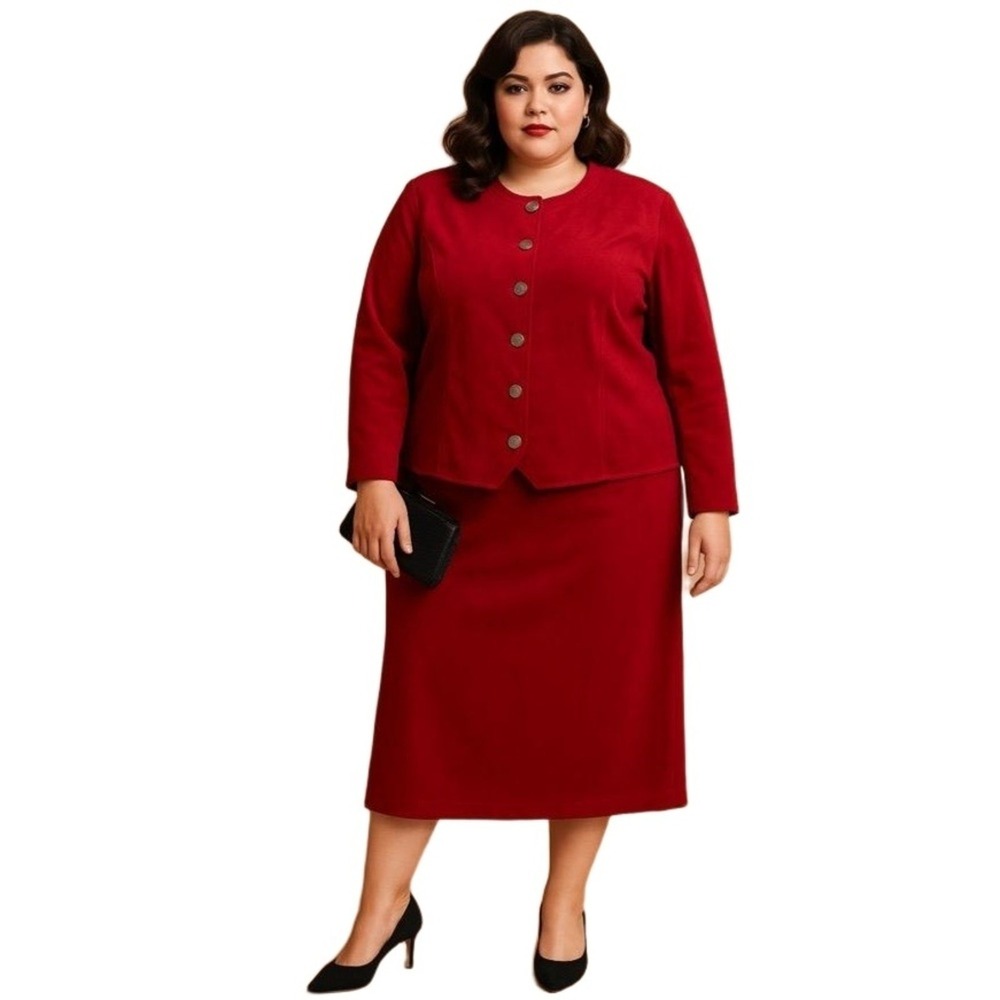 Vintage 90s Y2K Stonebridge Faux Suede Red Jacket & Skirt‎ Set Plus Size 20